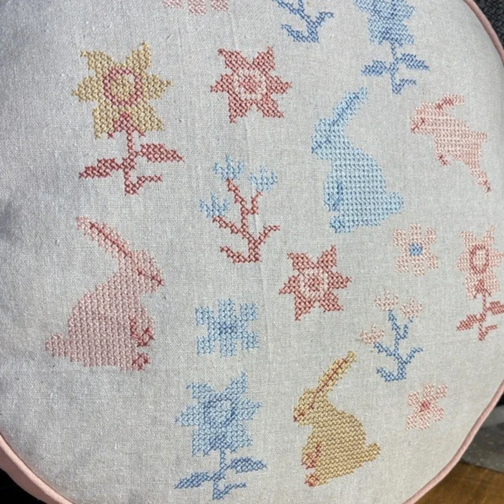 Celebrate‎ Together Round Embroidered Cushion w/Floral & Bunny Design 16